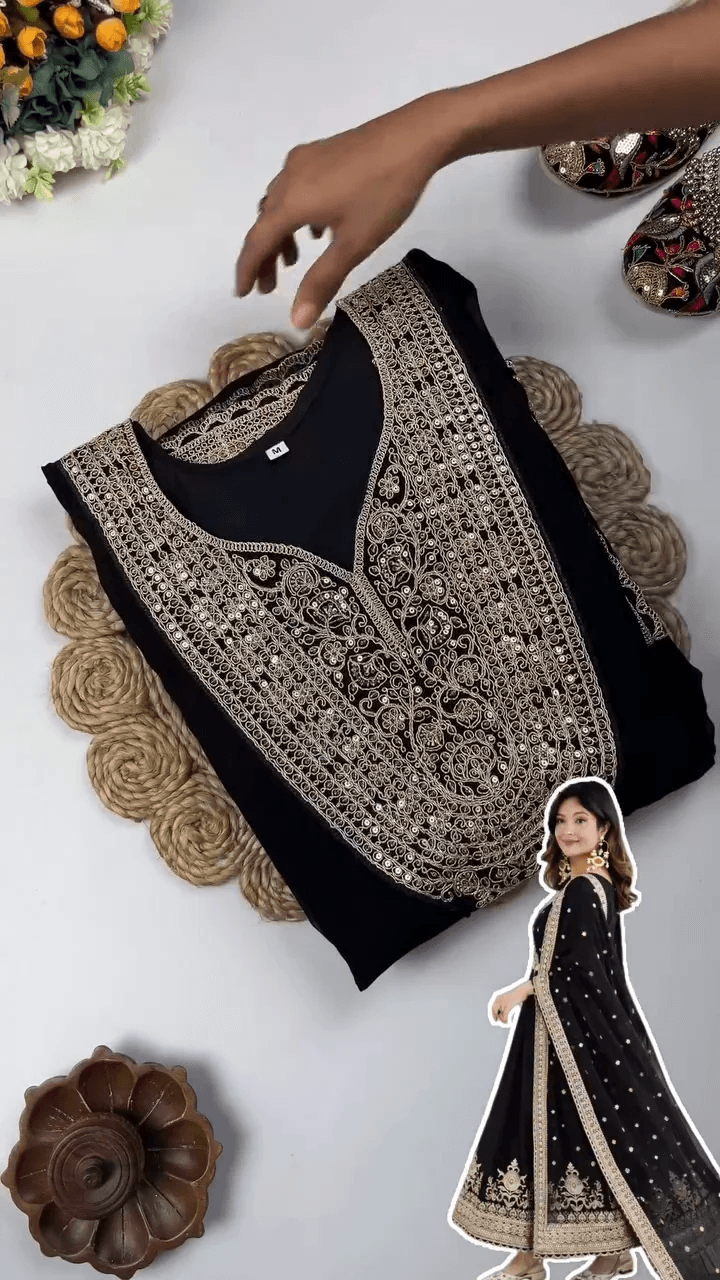 Elegant Black Georgette Anarkali Suit with Heavy Gold Embroidery and Sequined Dupatta